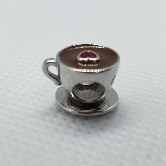 925 Sterling Silver Coffee Cup Pink Zircon Heart - Picture 4 of 8